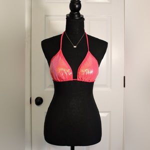 Apollo Swimwear String Sequin Bikini Top, Hot Pink, Large, Y2K -ish, Used- Good